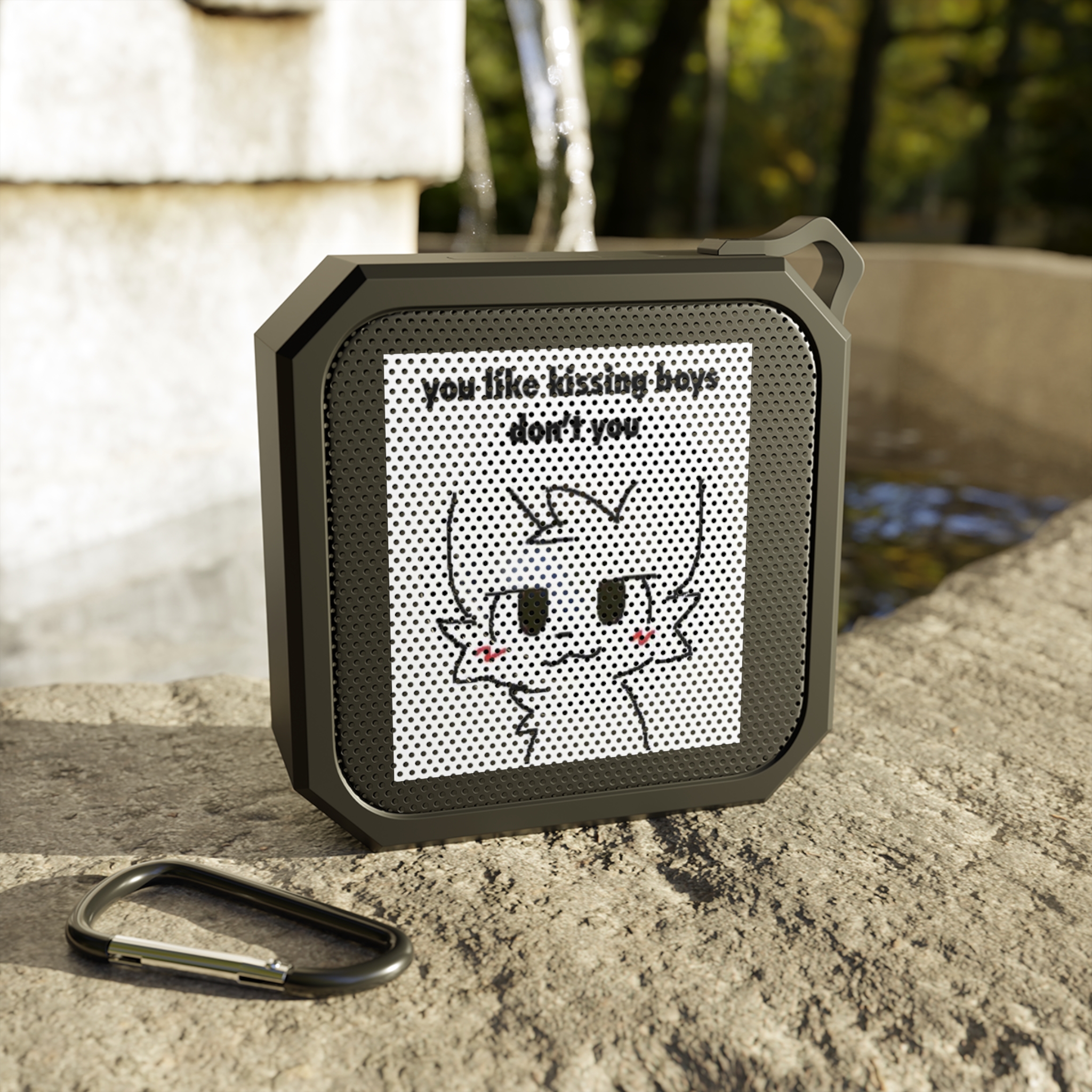 Blackwater Bluetooth Speaker — Cute Cat Graphic "You like kissing boys, don’t you" — Portable Outdoor Speaker with Carabiner - Image 2