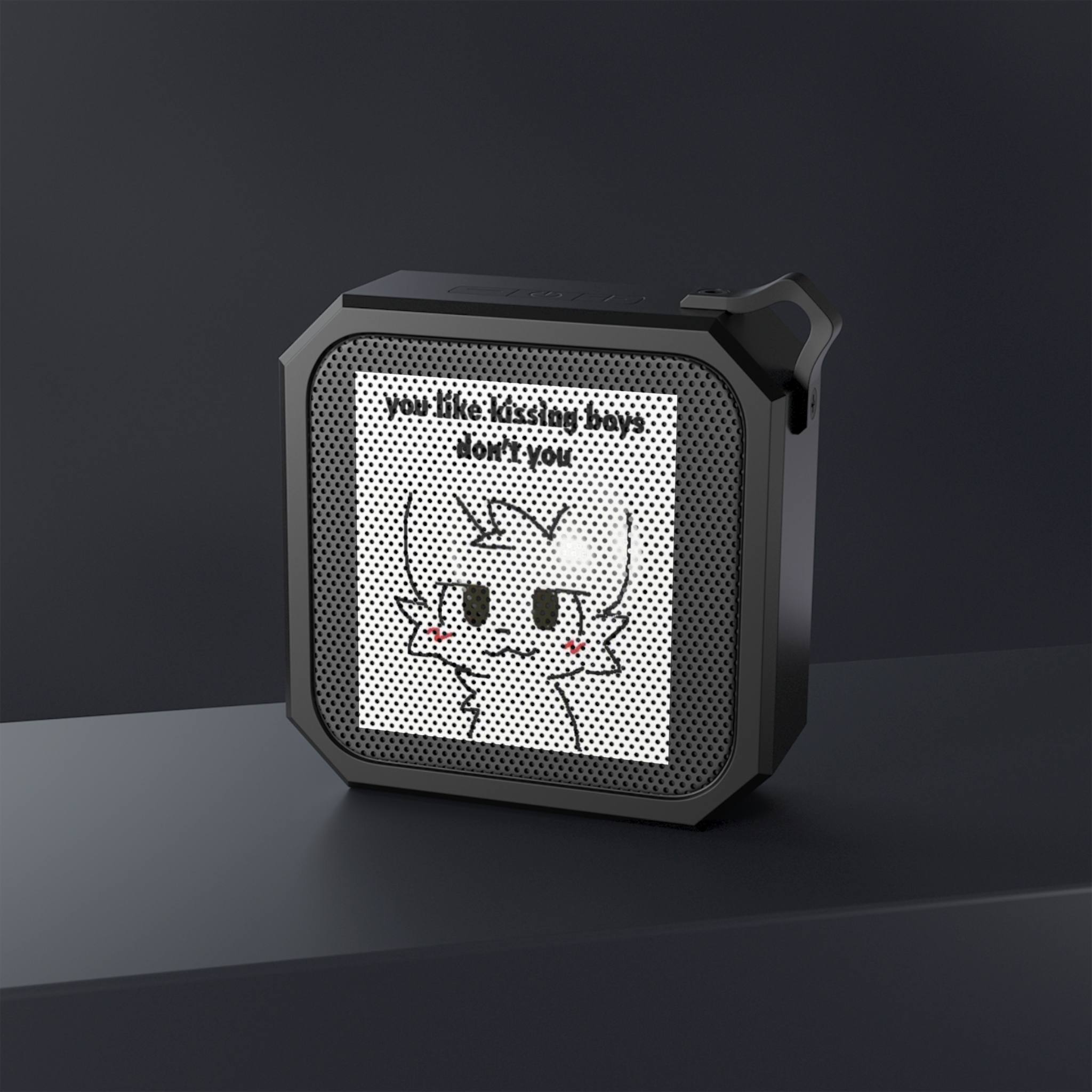 Blackwater Bluetooth Speaker — Cute Cat Graphic "You like kissing boys, don’t you" — Portable Outdoor Speaker with Carabiner - Image 4