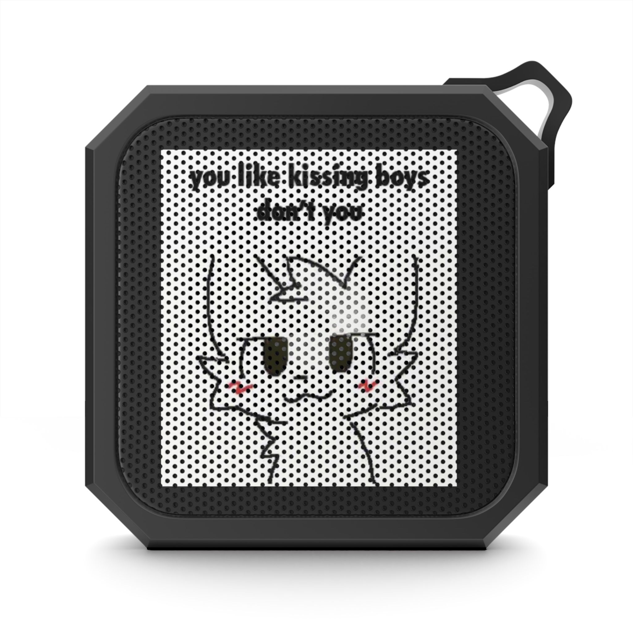 Blackwater Bluetooth Speaker — Cute Cat Graphic "You like kissing boys, don’t you" — Portable Outdoor Speaker with Carabiner