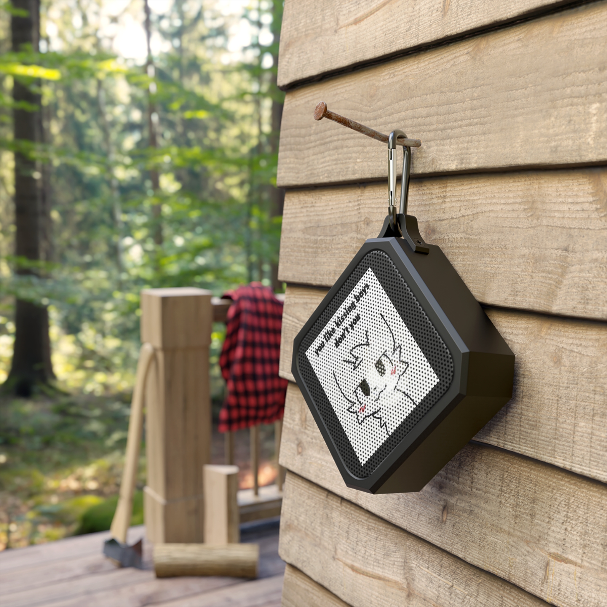Blackwater Bluetooth Speaker — Cute Cat Graphic "You like kissing boys, don’t you" — Portable Outdoor Speaker with Carabiner - Image 3